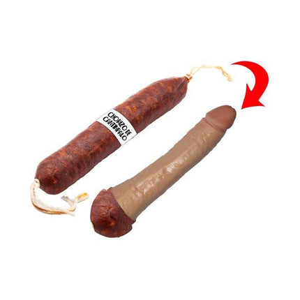 Fun Party Dildo - Sausage Sleeve Surprise, novelty adult party accessory resembling a sausage, ideal for humorous events.