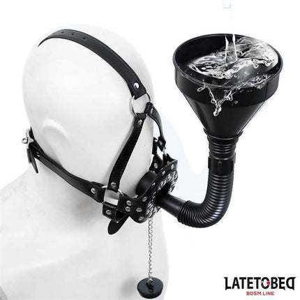 BDSM accessory Funnel Black by LATETOBED with a funnel attached to a leather gag, featuring a water pour demonstration.