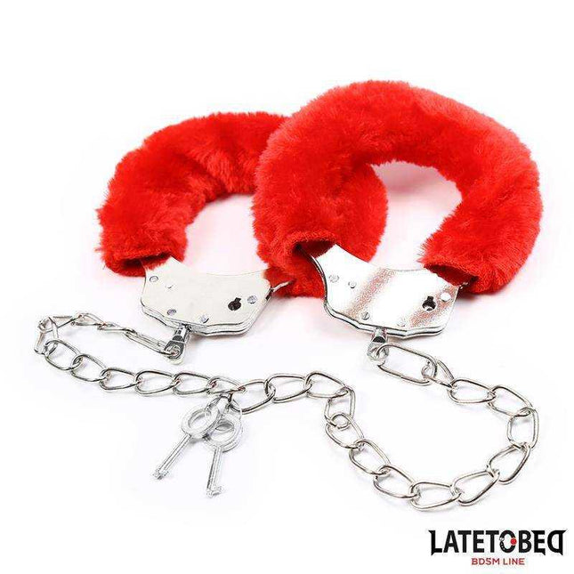 Luxurious Fur Ankle Cuffs Red with soft lining and adjustable chain for secure and comfortable restraint by LATETOBED.