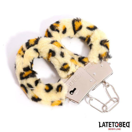 Furry Metal Cuff Animal Print Leopard with plush red fur for consensual play, part of Latetobed BDSM Line enhancing intimate moments.