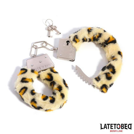 Furry Metal Cuff Animal Print Leopard with keys, part of Latetobed BDSM Line, featuring plush leopard print faux fur and secure design.