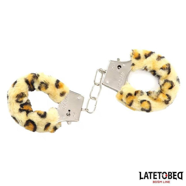 Furry Metal Cuff Animal Print Leopard from Latetobed BDSM Line with plush red fur and leopard design for bold consensual play.