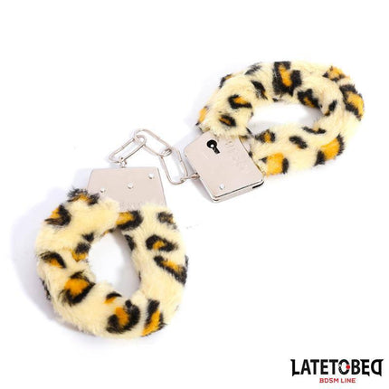 Furry Metal Cuff Animal Print Leopard handcuffs with faux fur cover for BDSM play, part of Latetobed collection.