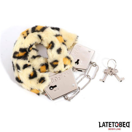Furry Metal Cuff Animal Print Leopard with plush red fur and secure keys from Latetobed BDSM Line