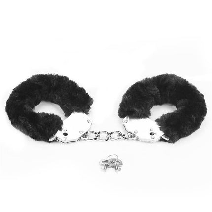 Furry Metal Handcuffs Black with plush fur lining and metal keys for secure and comfortable restraint.