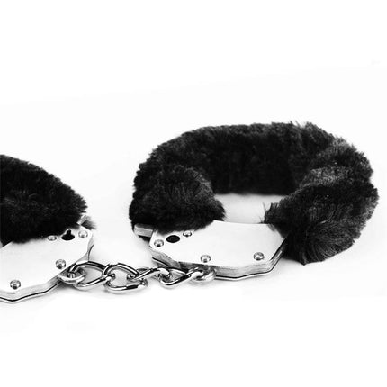 Furry Metal Handcuffs Black with plush fur lining for comfort and secure restraint, ideal for couples exploring light bondage play.