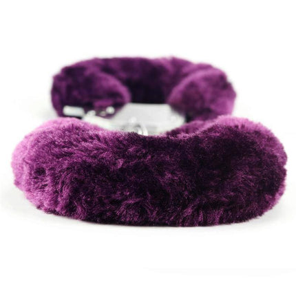 Furry Metal Handcuffs Purple with plush fur lining and metal strength, designed for intimate exploration, featuring two keys for access.