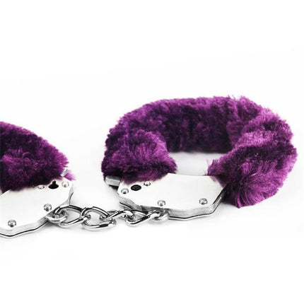 Furry Metal Handcuffs Purple with plush fur and metal link, perfect for exploring power dynamics in intimate settings.