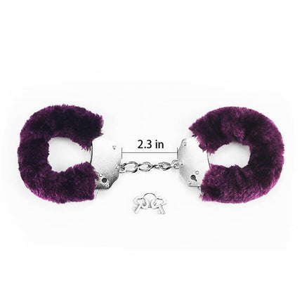Furry Metal Handcuffs Purple with plush fur design, metal strength, and two keys, ideal for intimate couple play and fantasy exploration.