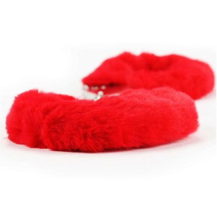 Furry Metal Handcuffs Red with soft, red fur providing luxurious restraint for intimate moments.