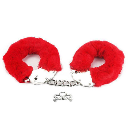 Furry Metal Handcuffs Red with keys, featuring a metal frame and soft red fur for comfort and secure restraint.