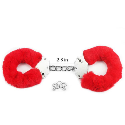 Furry Metal Handcuffs Red with keys and measurement of 2.3 inches, featuring plush red fur on metal frame for comfort and restraint.