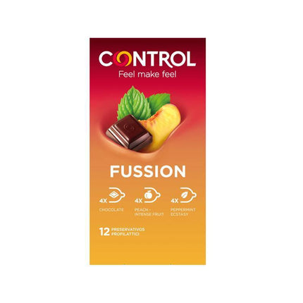 Fussion 12 uds condoms with chocolate, peach, and strawberry scents. Enhance passion with aphrodisiac aromas. Natural latex, 12 pack.