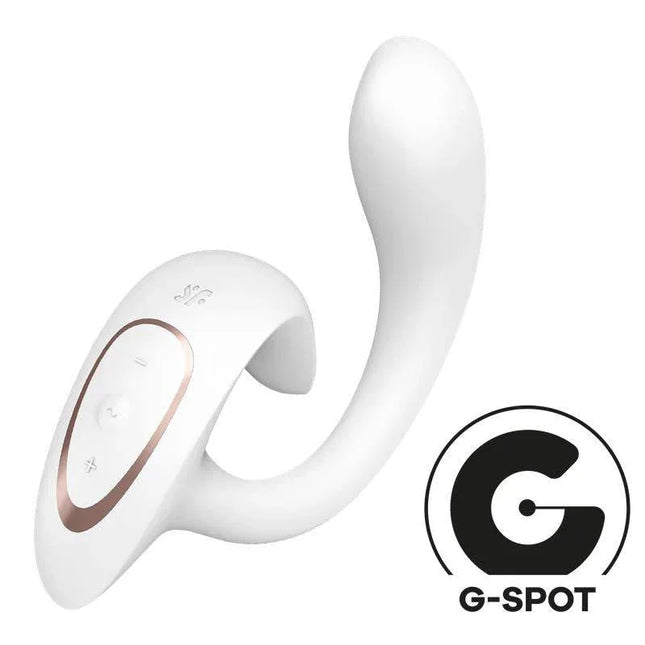 G for Goddess 1 White rabbit vibrator with dual stimulation for G-spot and clitoris, featuring flexible design and 12 vibration programs.