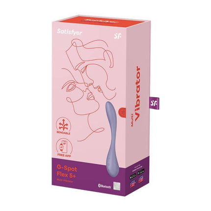 Box of G-Spot Flex 5+ Multi Vibrator with Satisfyer Connect APP Lilac featuring flexible design and Bluetooth connectivity.