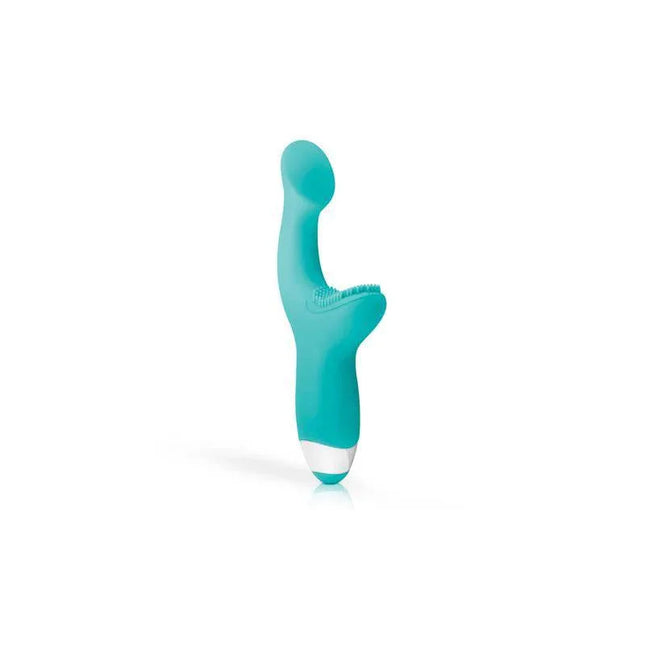 G-Spot Vibe Yuki multifunction vibrator in teal, featuring dual motors for G-spot stimulation and waterproof design for solo use.