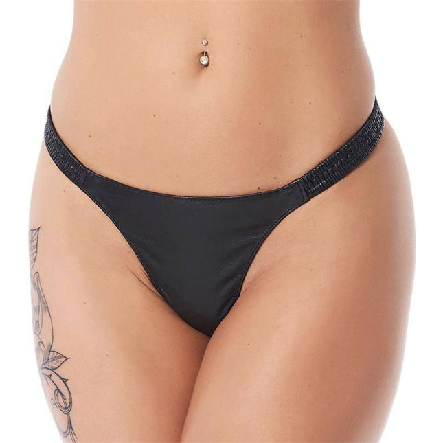 Model wearing G-String Leather Elastic thong with elastic side straps, crafted from genuine leather, offering a bold and flattering fit.