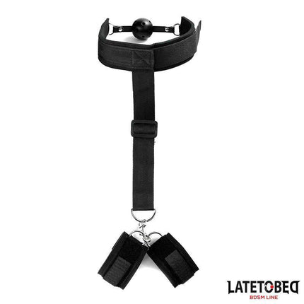 Gag Ball and Cufs Restrictions restraint with padded collar, gag, and detachable handcuffs, part of the Latetobed BDSM Line.