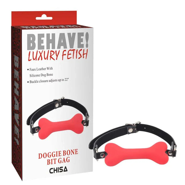 Gag Ball Doggle Bone Bit Red with adjustable buckle strap and bone-shaped PU ball, packaged in the Behave Luxury Fetish box.