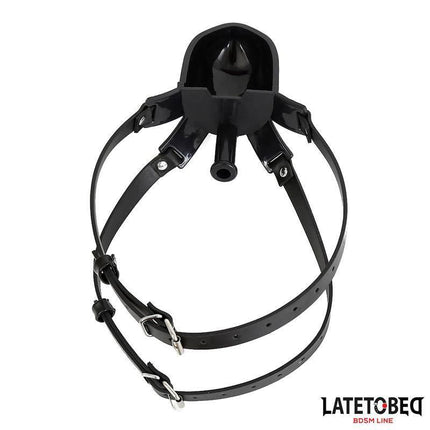 Gag with Drinker discreet black gag with adjustable straps for role-play and submission, emphasizing comfort in BDSM settings.