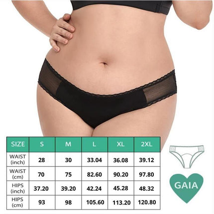 Gaia Menstrual Panty Normal on model with size chart showcasing comfort, protection, and sustainability for active lifestyles.