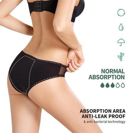 Gaia Menstrual Panty Normal showing absorption area, anti-leak design, and antibacterial features for comfort and protection.