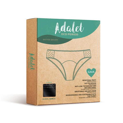 Gaia Menstrual Panty Normal eco-friendly packaging with dotted design, anti-leak technology, and comfort features for period protection.