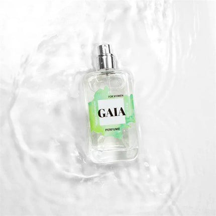 Gaia Natural Pheromones Perfume 50 ml bottle on a watery background, featuring citrus-fruity scent with truffle pheromones.