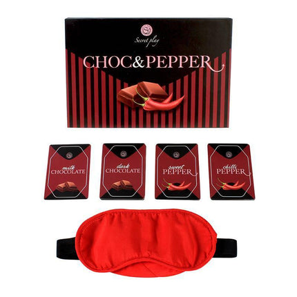 Game Choc&Pepper (FR/PT) card game set with milk chocolate and spicy levels displayed with a blindfold.