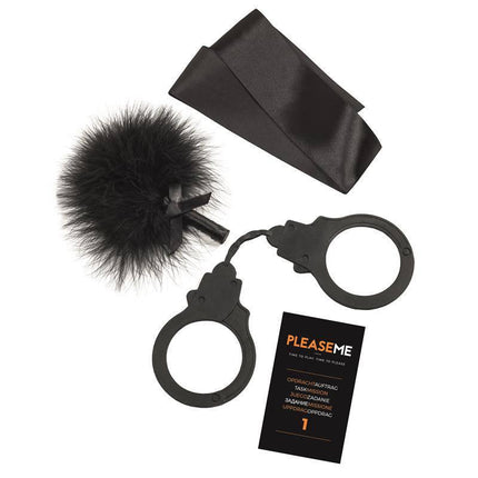 Game for Couples Pleaseme set with silk mask, handcuffs, and duster for enhancing intimacy.