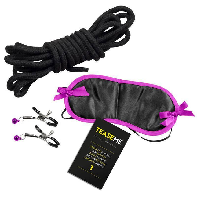 Game for Couples Teaseme set with mask, chain, rope, and nipple clamps for passionate fun.