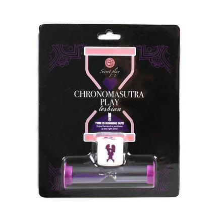 Packaging of the Game Juego Chronomasutra Play Lesbians featuring dice and hourglass.