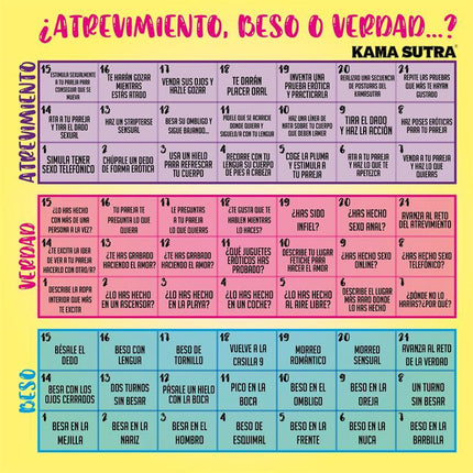 Game of Dare, Kiss and Truth game board with challenges in Spanish, featuring daring tasks, truths, and kisses for adults.