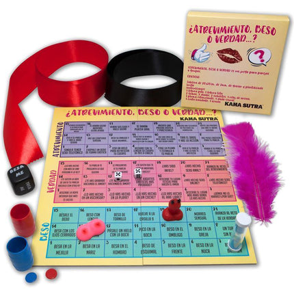 Game of Dare, Kiss and Truth adults-only party game components and packaging displayed.