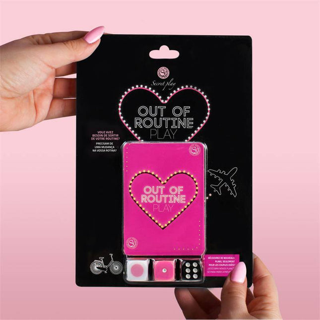 Game Out of Routine (FR/PT) packaging with dice for couples' relationship enhancement and romantic activities.