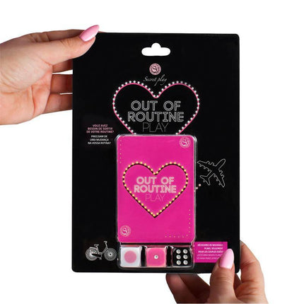 Game Out of Routine (FR/PT) package with dice and cards for couples, improving relationships with romantic and sensual challenges.