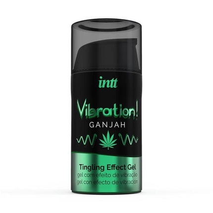 Ganjah Exciting and Vibration Gel Warm Effect 15 ml container with cannabis-themed design for enhancing pleasure.
