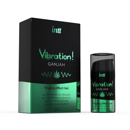 Ganjah Exciting and Vibration Gel Warm Effect 15 ml packaging for enhanced pleasure and intimate stimulation with warming sensation.
