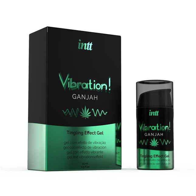 Ganjah Exciting and Vibration Gel Warm Effect 15 ml packaging for enhanced pleasure and intimate stimulation with warming sensation.
