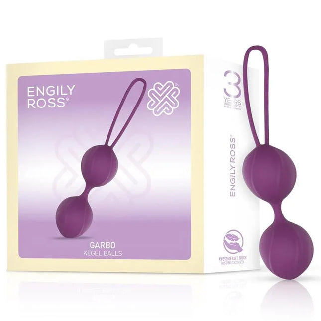 Garbo Double Kegel Ball Silicone Purple by Engily Ross®, pelvic floor training toy with premium silicone in elegant packaging.