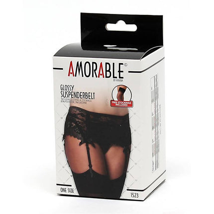 Garter Belt with Thong and Stockings Black packaging showing a glossy suspender belt with lace trim.