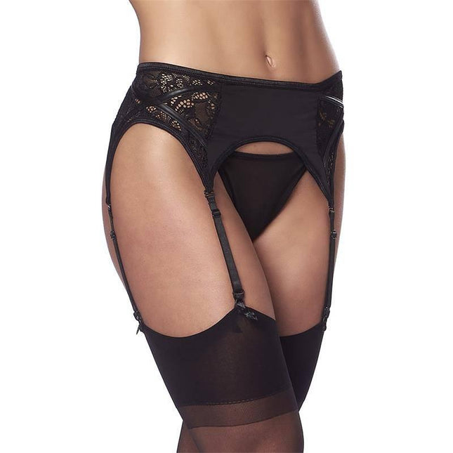 Garter Belt with Thong and Stockings Black flaunting elegant floral design and semi-transparent fabrics for a unified look.