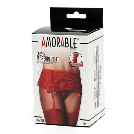 Garter Belt with Thong and Stockings Red on packaging box, featuring a red lace design with floral trim and open-back allure.