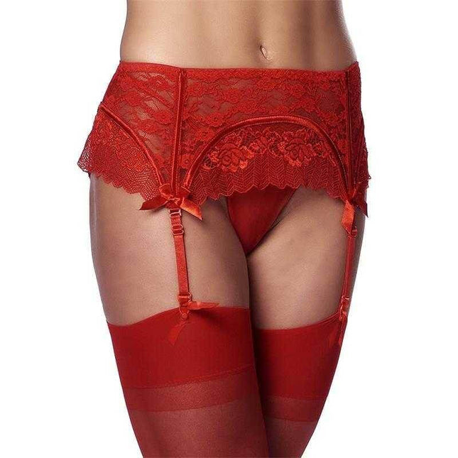 Garter Belt with Thong and Stockings Red with floral lace and bows, intimate lingerie set featuring semi-transparent garter belt.