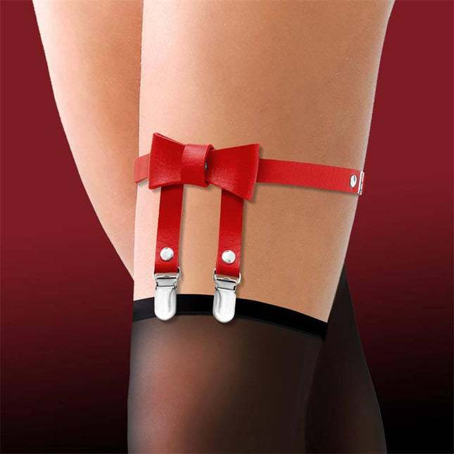 Garter with Bow Tie Vegan Leather One size in red, featuring a bow and slim straps for stockings, designed for comfort and style.