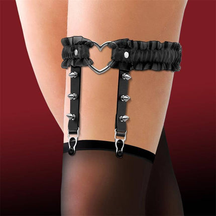 Garter with Heart and Ruffles Vegan Leather One Size in Black with Metal Accents