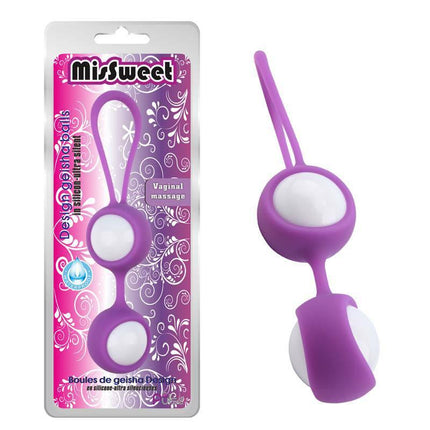 Geisha Balls MisSweet 17.7 cm Silicone Purple, premium Kegel balls for pelvic floor training, shown in packaging with vibrant design and imagery.
