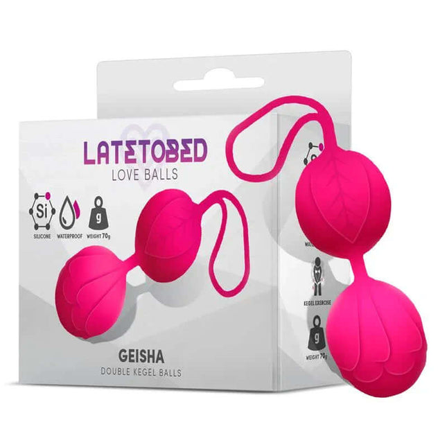 Geisha Double Kegel Balls Rose Red 70 gr in packaging and silicone material for pelvic floor exercises.