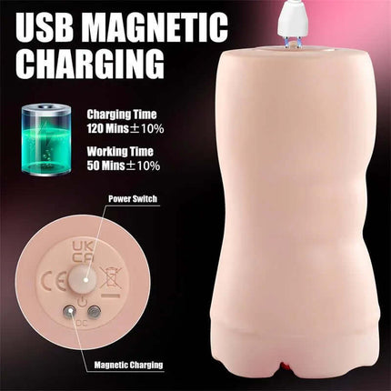 Gellen Vibrating Masturbator with USB magnetic charging feature, showing charging and working time specifications.