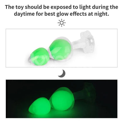 Gemoria Silicone Butt Plug with Glow in Dark Feature showcasing daytime and nighttime glow effects